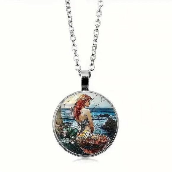 Silver MERMAID Glass Cabochon Pendant Necklace - Picture 3 of 3
